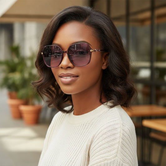 Red Metal Oversized Rectangular Sunglasses, worn by a model