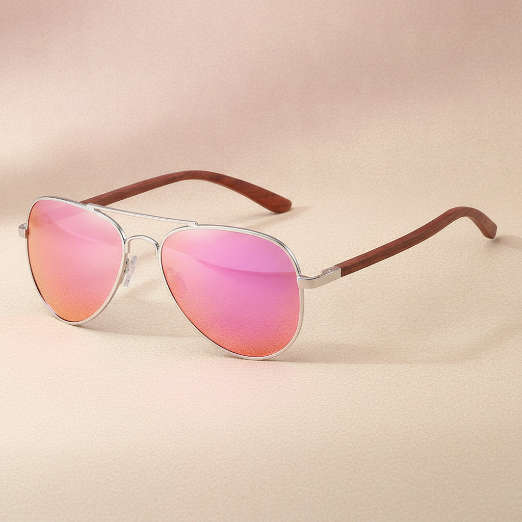 Adult Aviator Sunglasses UV Protection Bamboo Frame Versatile Style for Travel Fashion Driving, in Pink Lens