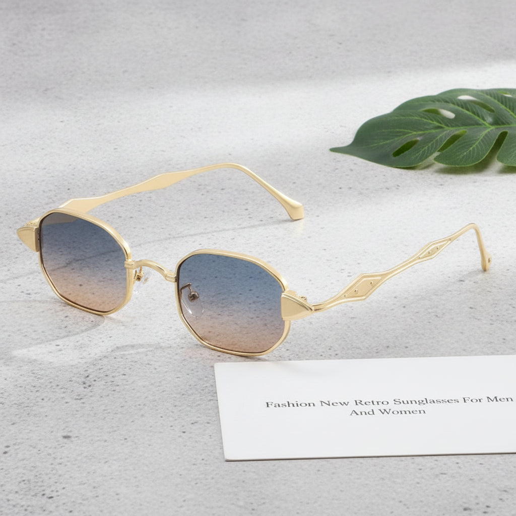 Rectangular Plastic Retro Sunglasses Gold Frame Business All-Matching For Men And Women Sun Protection, in Gold Frame Blue