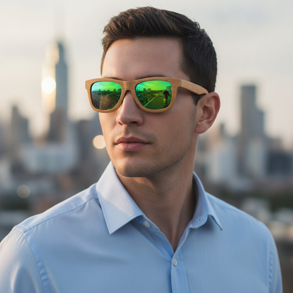 Retro Square Sunglasses UV400 Bamboo Brown Frame Mirrored Coated Multicolor Lenses