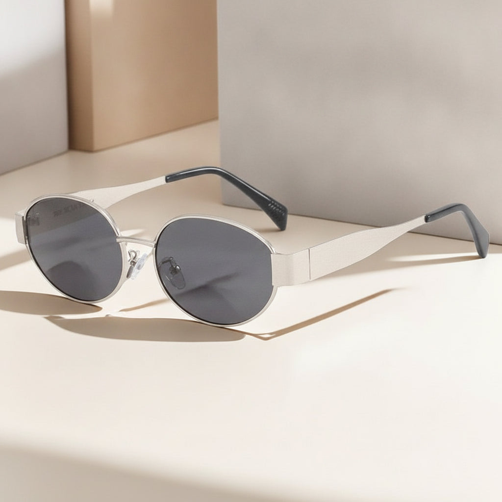 Women's Oval Sunglasses UV400 Metal Frame with AC Lenses Tortoiseshell Design, in Silver Frame Gray Lens