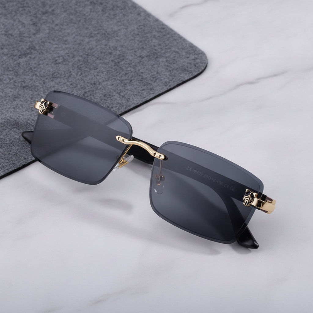 Rectangular Frameless Sunglasses For Men Retro Wood Grain Temple Leopard Head Sun Protection Gold Gradient