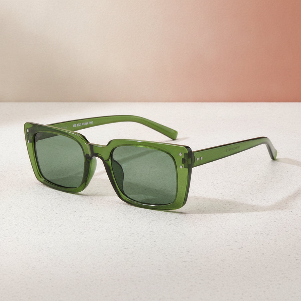 Trendy Fashionable Rectangular Resin Small Frame Mi Nail Sunglasses with Pink Lenses, in Green