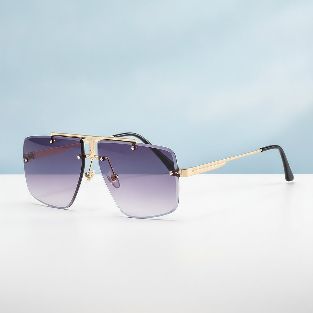 Metal Rectangular Sunglasses for Men, in Gold frame double grey