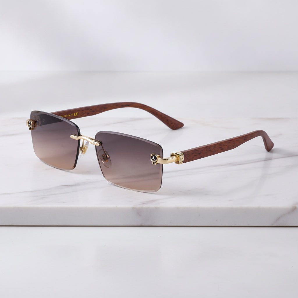 Rectangular Frameless Sunglasses For Men Retro Wood Grain Temple Leopard Head Sun Protection Gradient, in C3 tea wood grain
