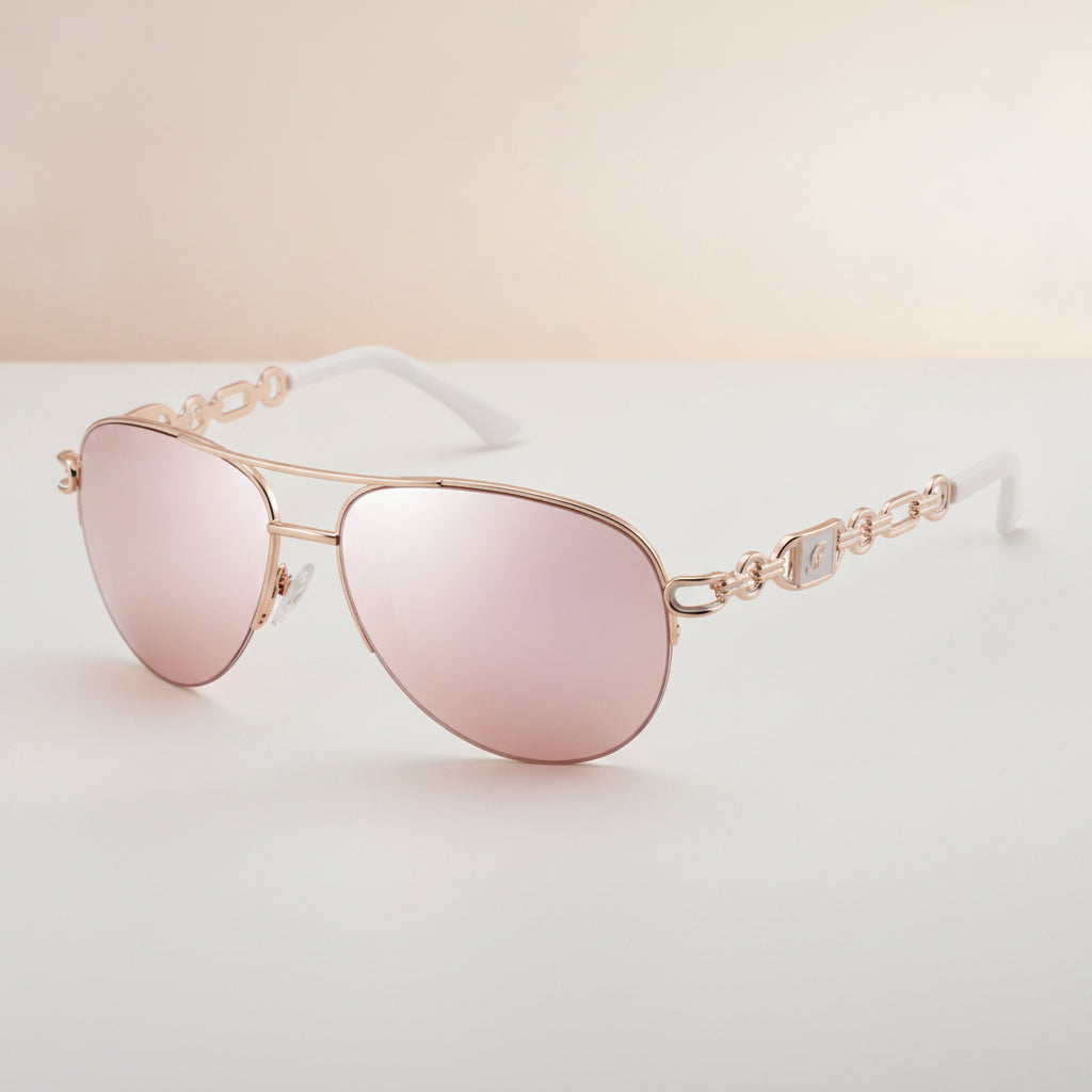 Ladies Oversized Aviator Sunglasses Metal Frame PC Gradient UV400 Lenses, in Rose Gold / Pink Mirror