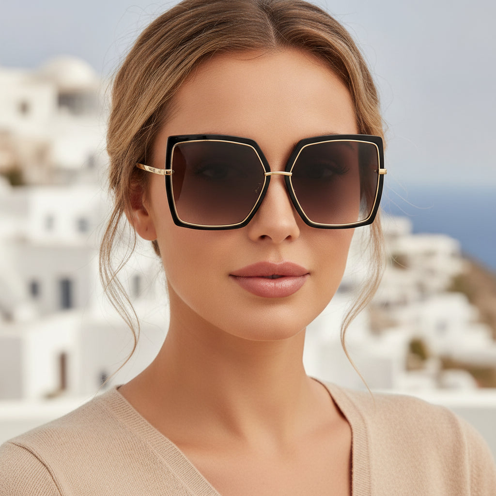 Men and Women Retro Square Oversized Reflective Black Metal UV400 Sunglasses Resin Lenses