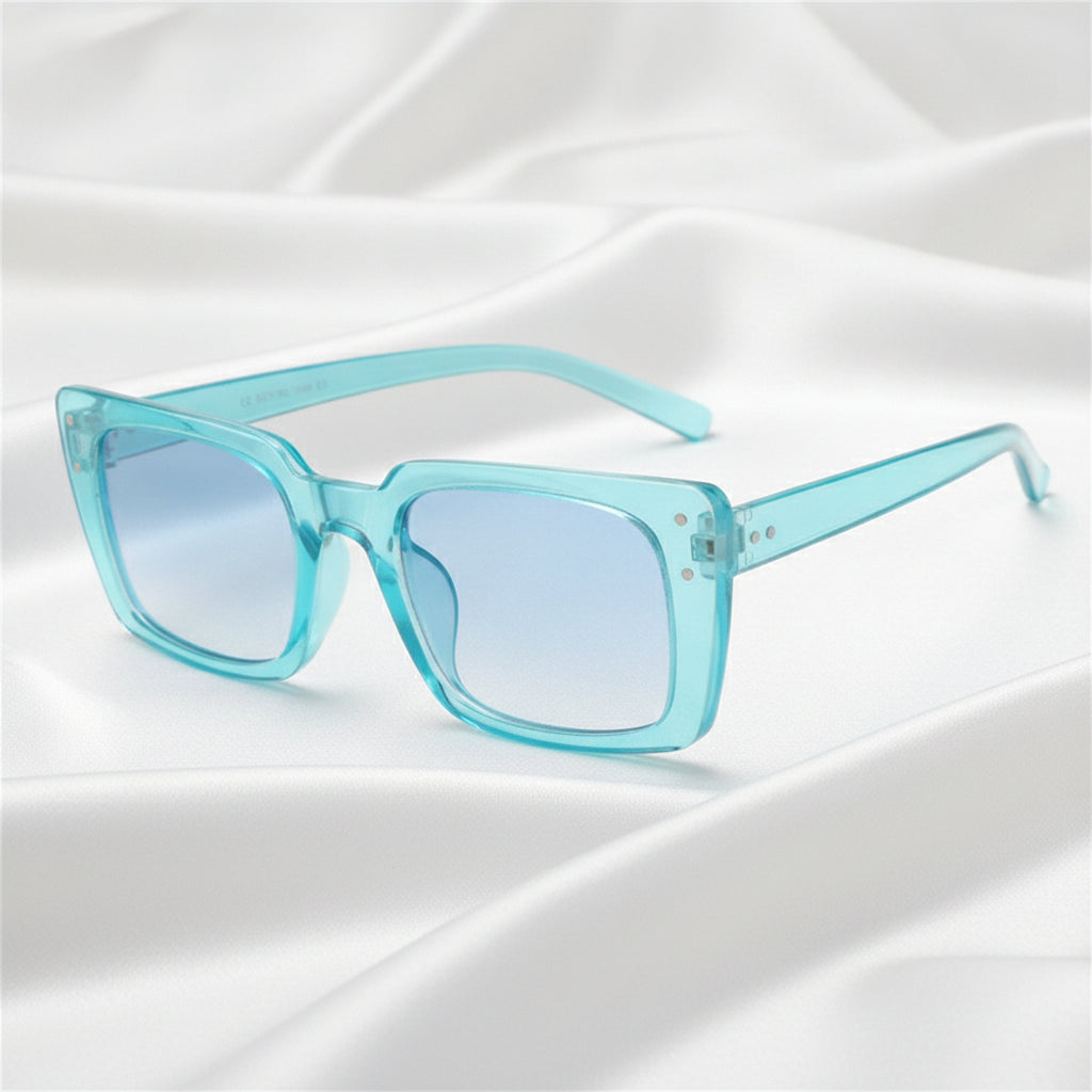 Trendy Fashionable Rectangular Resin Small Frame Mi Nail Sunglasses with Pink Lenses, in Blue
