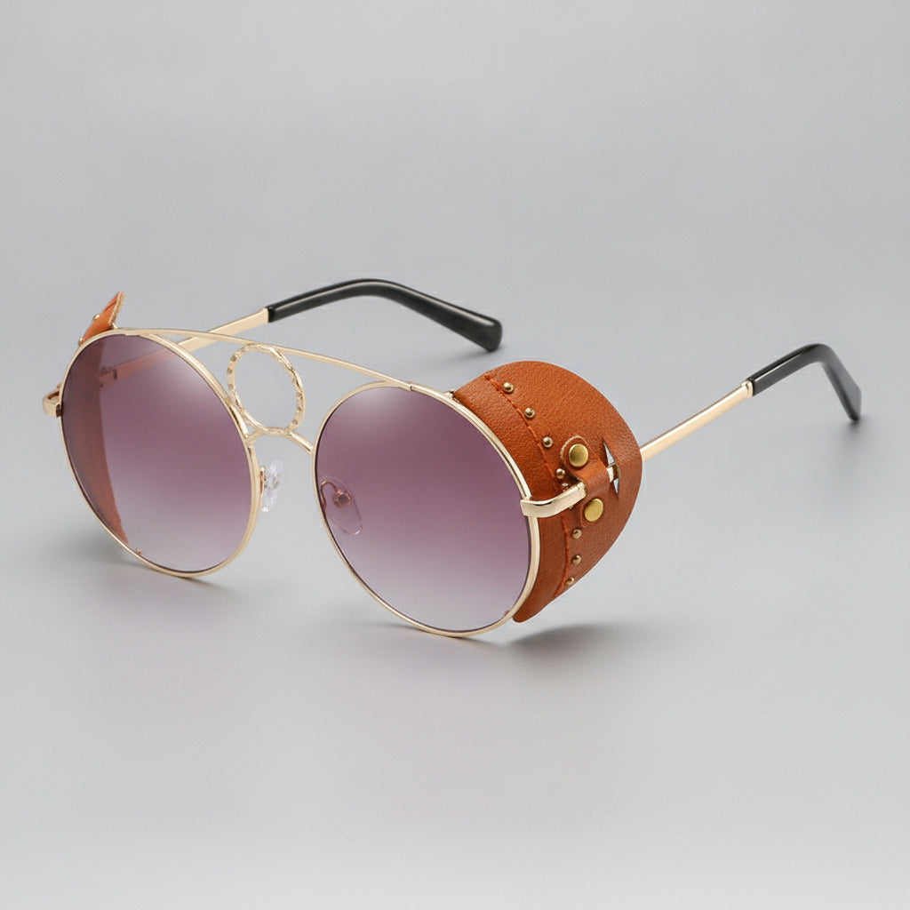 Women's Oversized Round Metal Frame Anti-glare PC Lens UV400 Sunglasses, in Gold Purple Grey