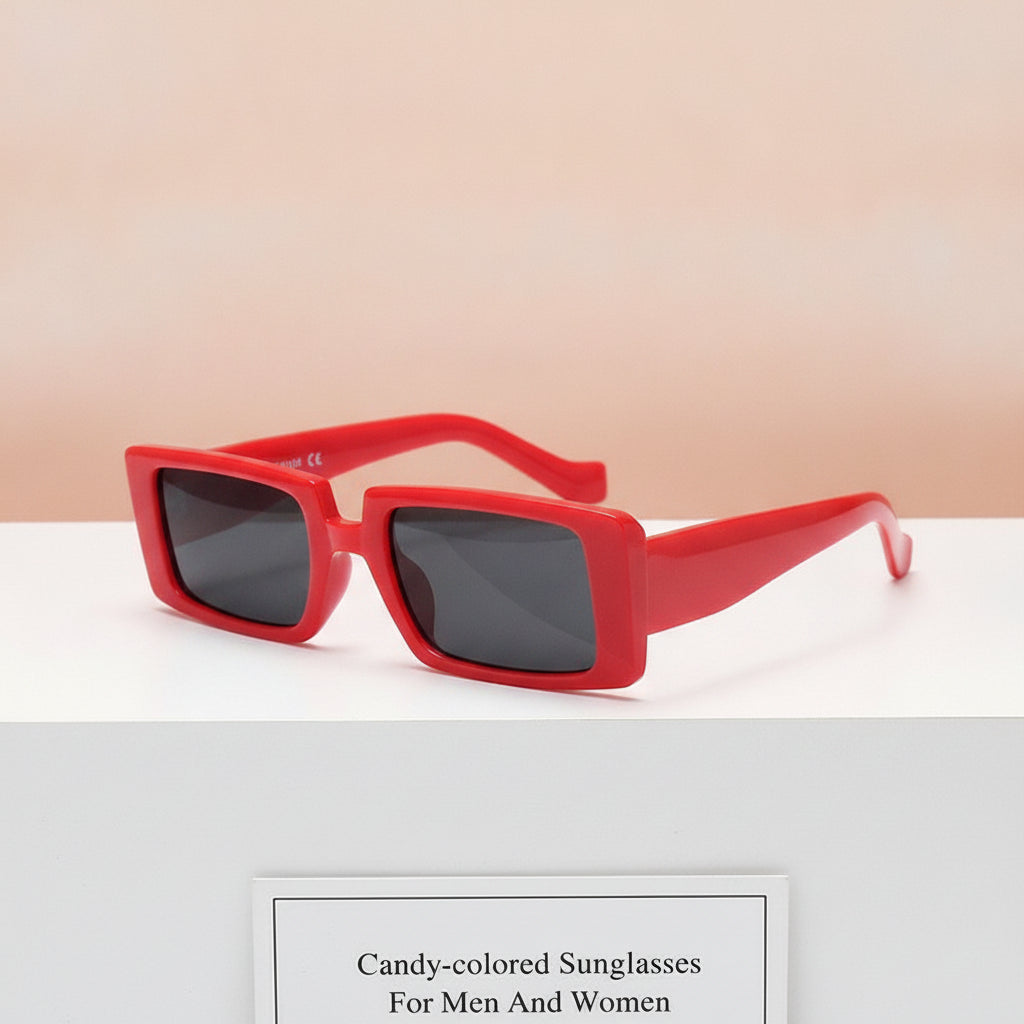 Rectangular Plastic Frame PC Lens Sunglasses Candy-colored Fashion For Men And Women, in Red gray