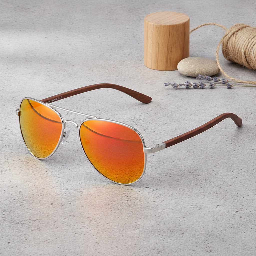 Adult Aviator Sunglasses UV Protection Bamboo Frame Versatile Style for Travel Fashion Driving, in Orange Slices
