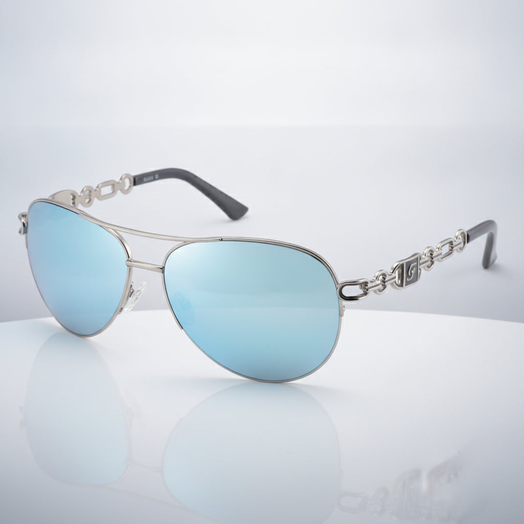 Ladies Oversized Aviator Sunglasses Silver Metal Frame PC Gradient UV400 Lenses, in Silver / Blue Mirror