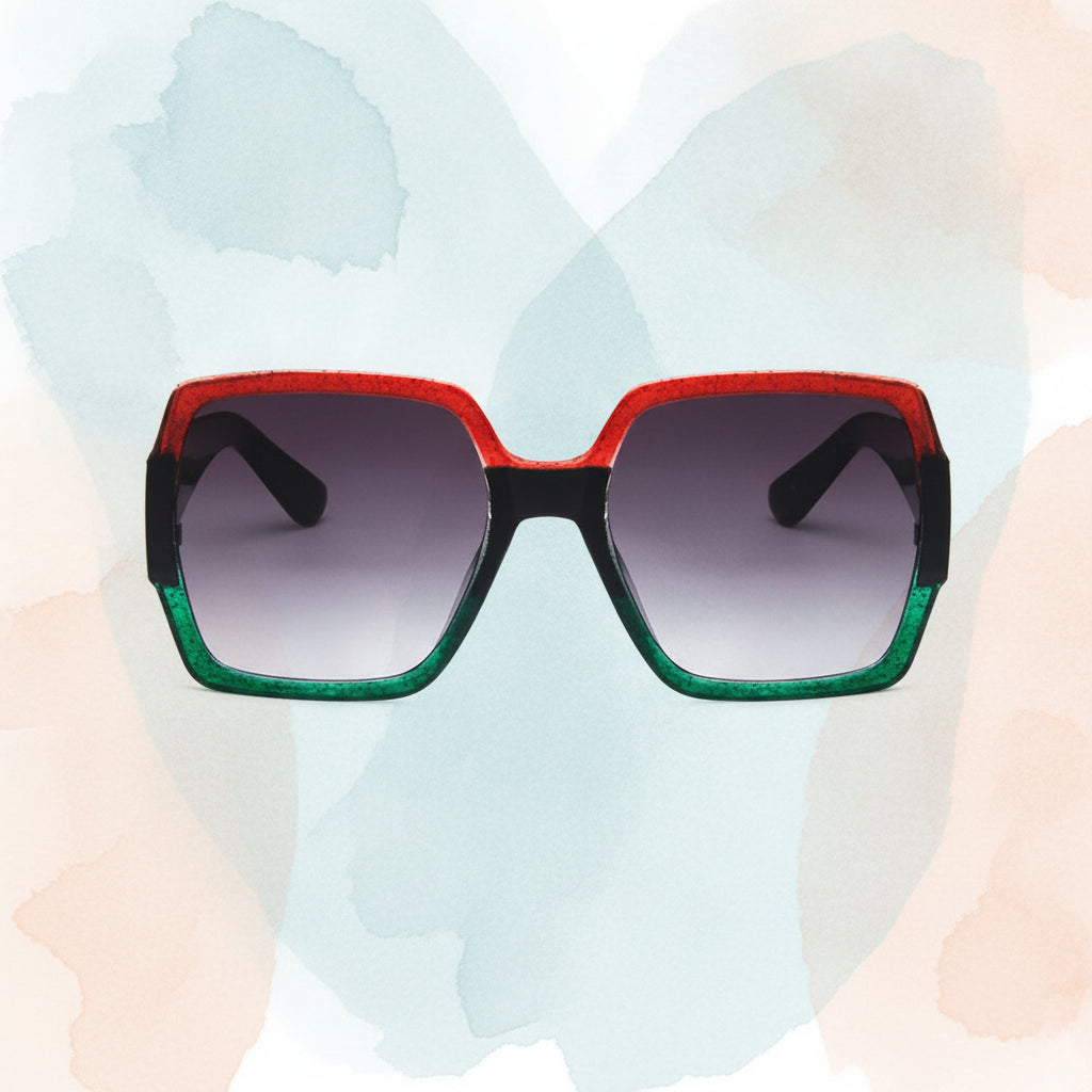 Oversized Square Colorful Glitter Retro Sunglasses with Gradient Blue Lenses