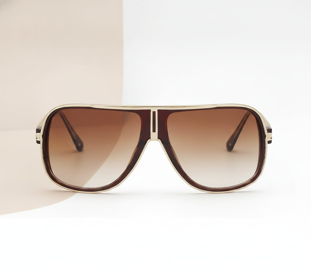 Men Women Summer Style HD Lens Gradient Black Gold Rectangle Aviator Oversized Sunglasses, in Gold / Brown Gradient