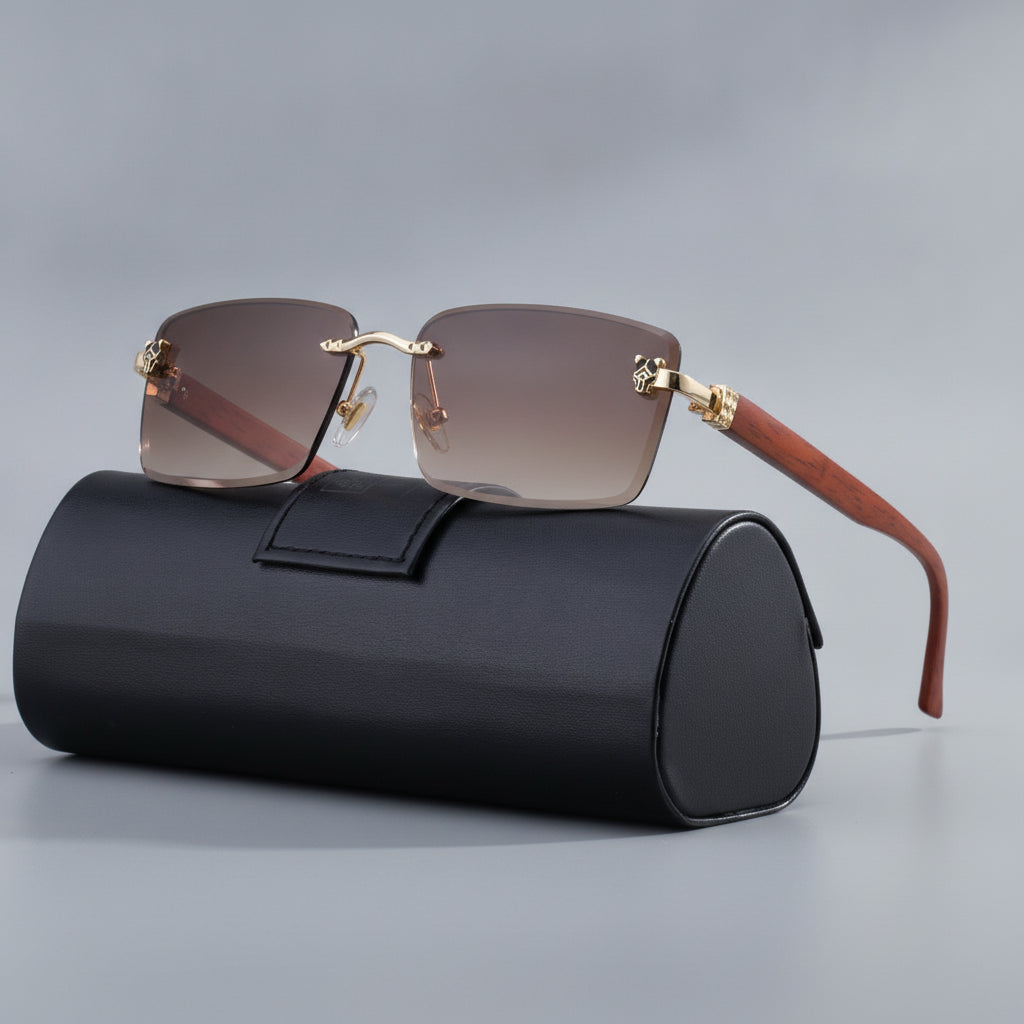 Rectangular Frameless Sunglasses For Men Retro Wood Grain Temple Leopard Head Sun Protection Gold Gradient