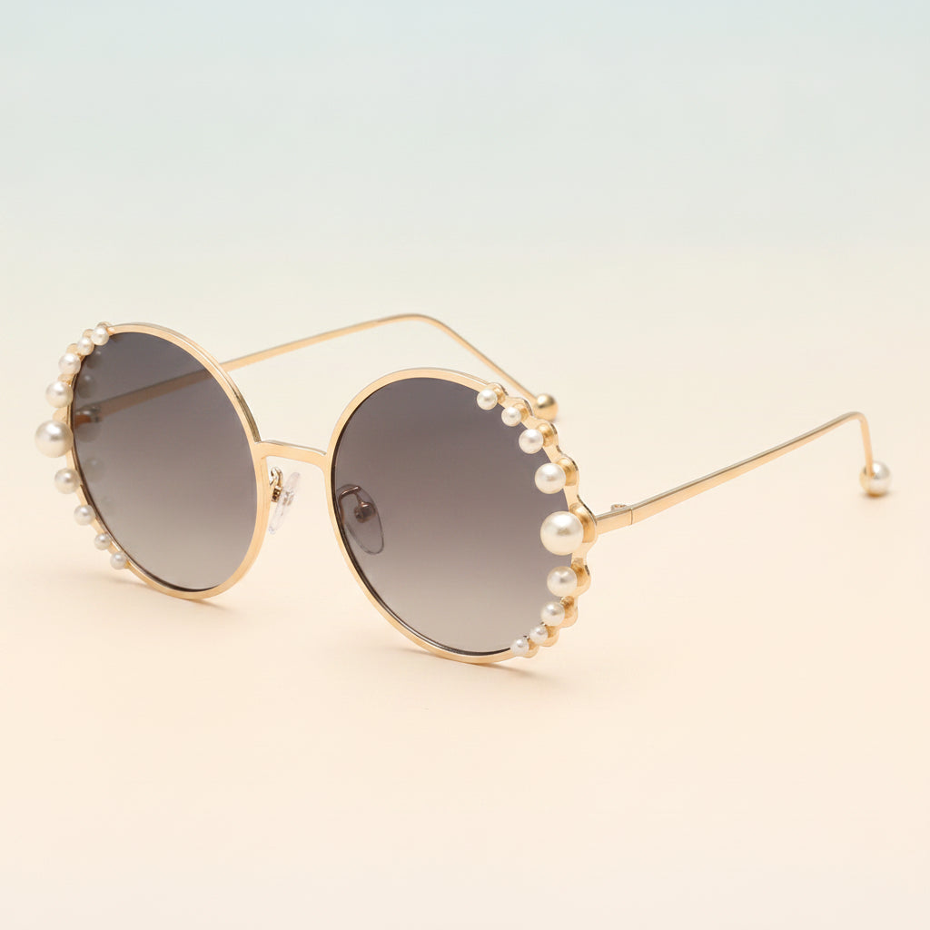 Round Gold Pearl Metal Frame Sunglasses for Ladies UV400 Protection Mirrored PC Lens