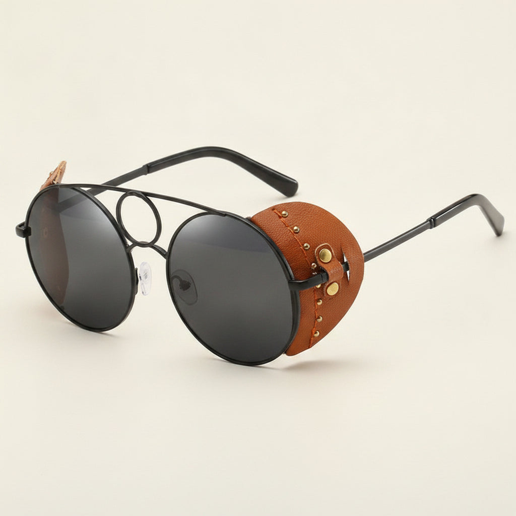 Women's Oversized Round Metal Frame Anti-glare PC Lens UV400 Sunglasses, in Matte black all grey