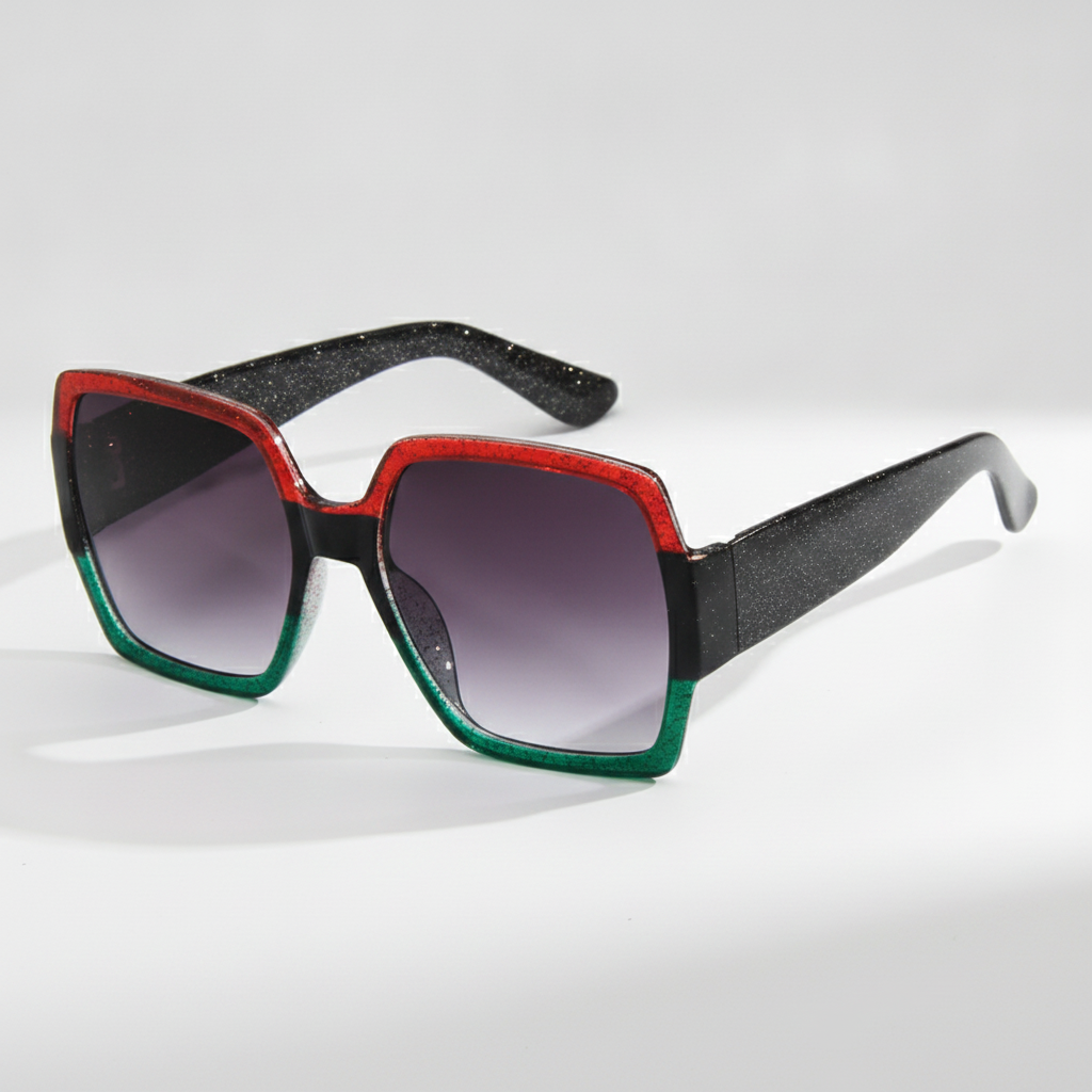 Oversized Square Colorful Glitter Retro Sunglasses with Gradient Blue Lenses