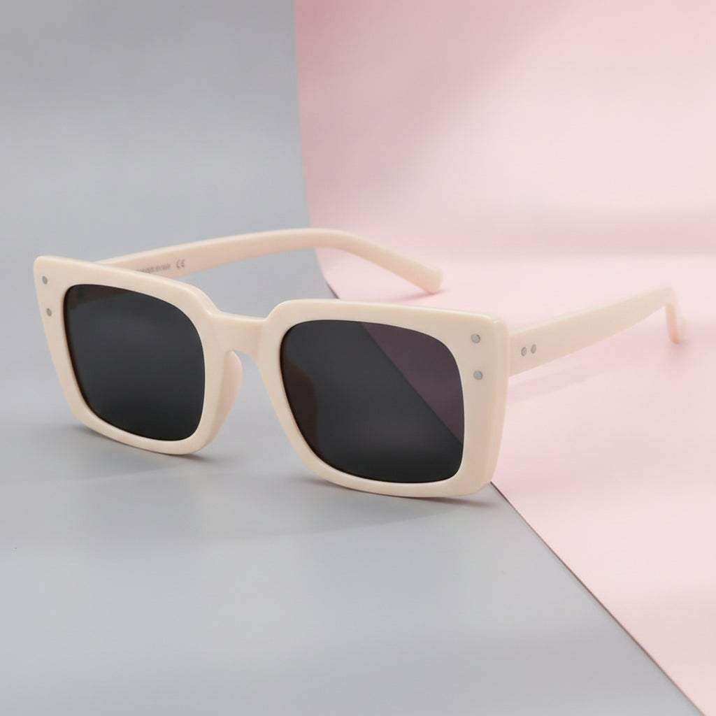 Trendy Fashionable Rectangular Resin Small Frame Mi Nail Sunglasses with Pink Lenses, in Beige