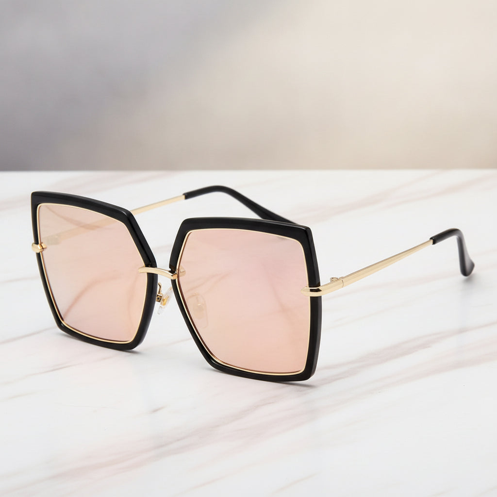 Men and Women Retro Square Oversized Reflective Black Metal UV400 Sunglasses Resin Lenses, in Bright black powder