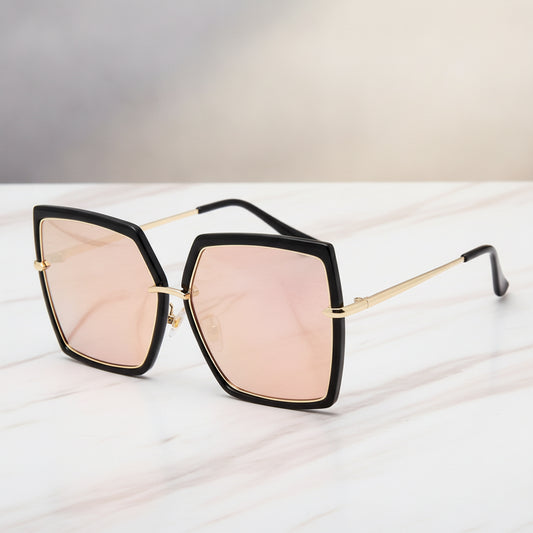 Men and Women Retro Square Oversized Reflective Black Metal UV400 Sunglasses Resin Lenses, in Bright black powder