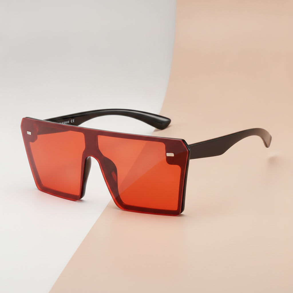 Frameless Oversized Rectangular Black Polarized Sunglasses UV400 AC PC for Universal Fashion, in Red black