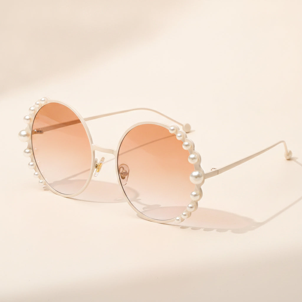 Round Gold Pearl Metal Frame Sunglasses for Ladies UV400 Protection Mirrored PC Lens