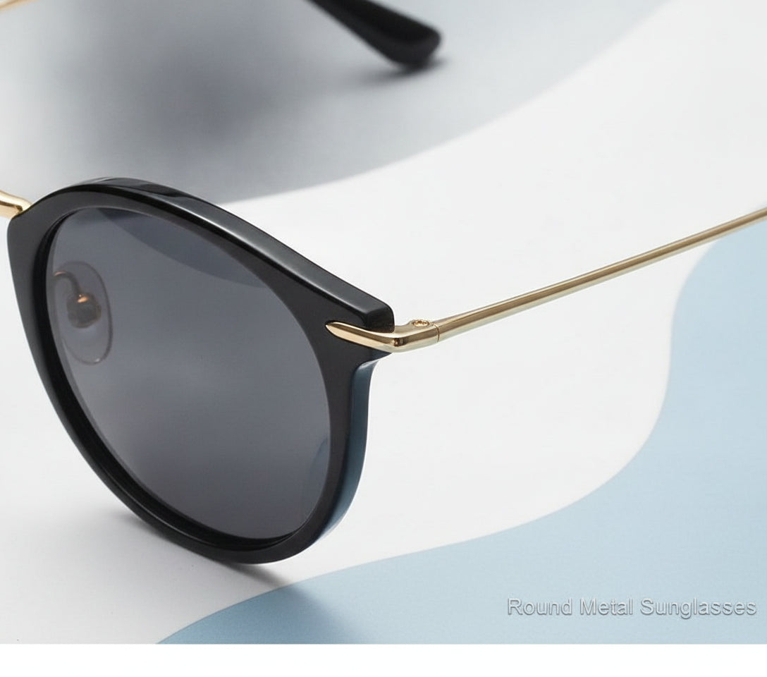 Round Black UV400 HD Sunglasses For Men And Women with Plastic and Metal Frame