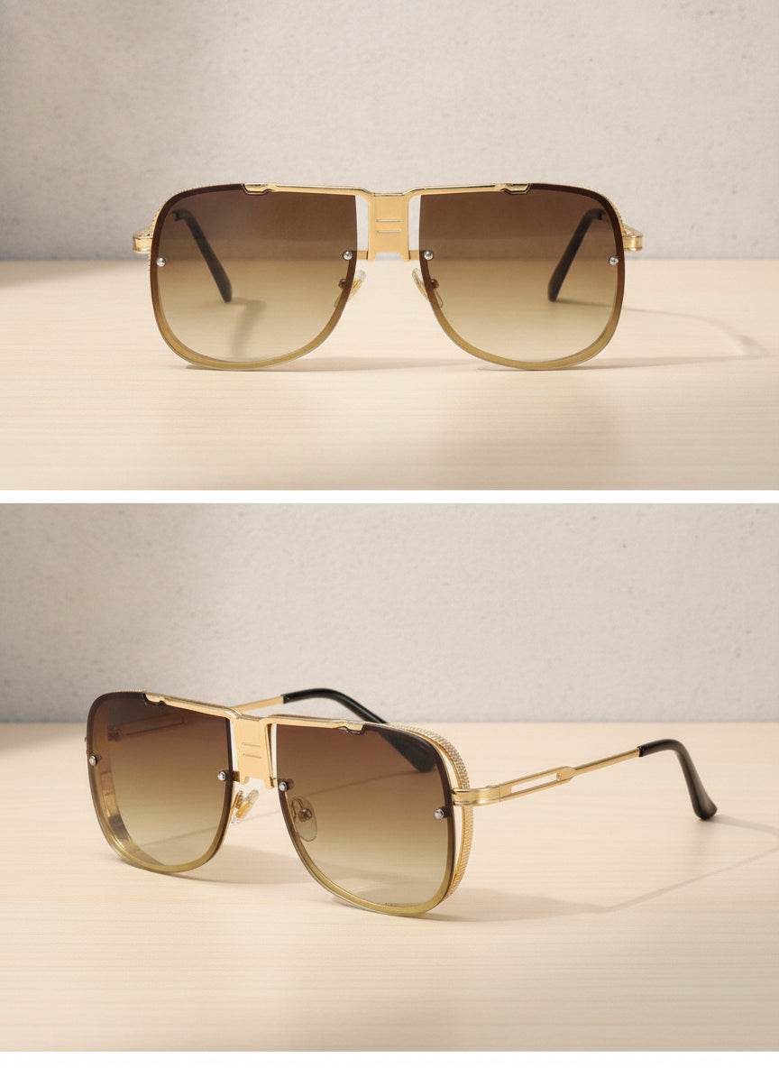 Oversized Metal Square Sunglasses Gold Gradient Fashion Street Style Retro, in Golden brown-One size