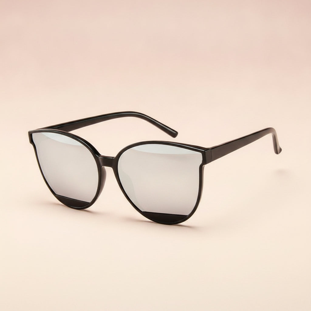 Adult Ladies Cat Eye Sunglasses with AC Lenses PC Frame for Personalized Universal Style, in Black / Silver Mirror