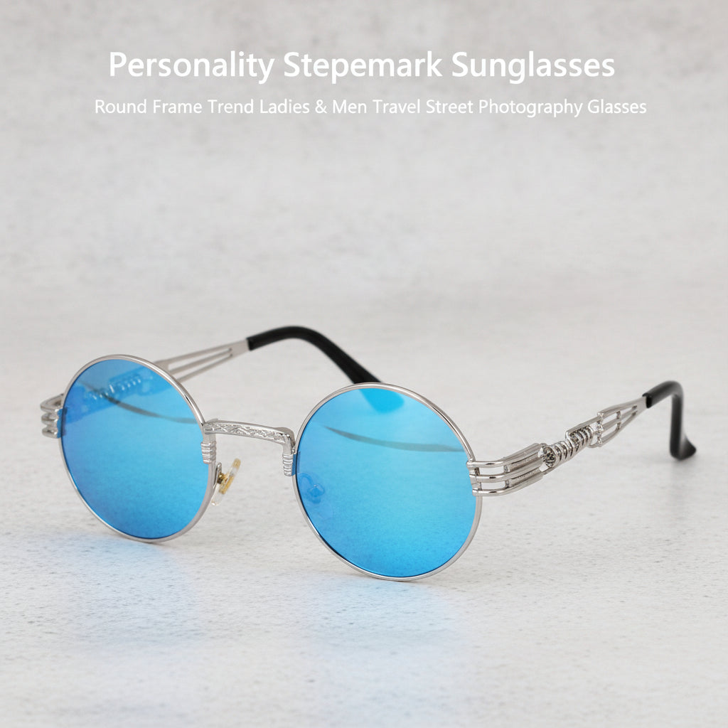 Round Steampunk Personality Sunglasses for Ladies and Men UV400 Plastic Frame Travel Street Photography, in as shown-silver