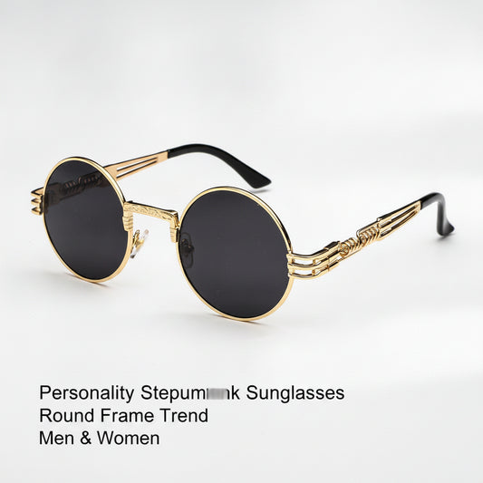 Round Gold Steampunk Personality Sunglasses for Ladies and Men UV400 Plastic Frame Travel Street Photography, in as