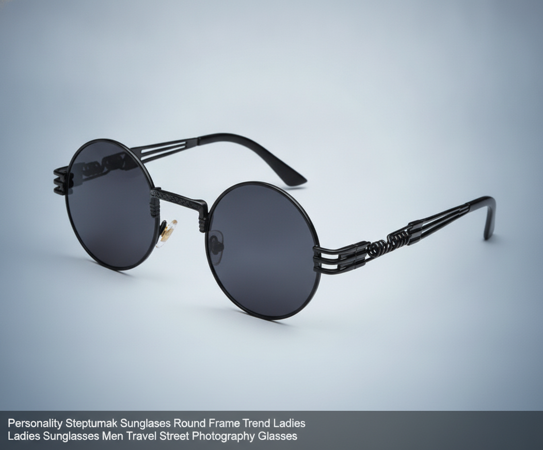 Round Gold Steampunk Personality Sunglasses for Ladies and Men UV400 Plastic Frame Travel Street Photography