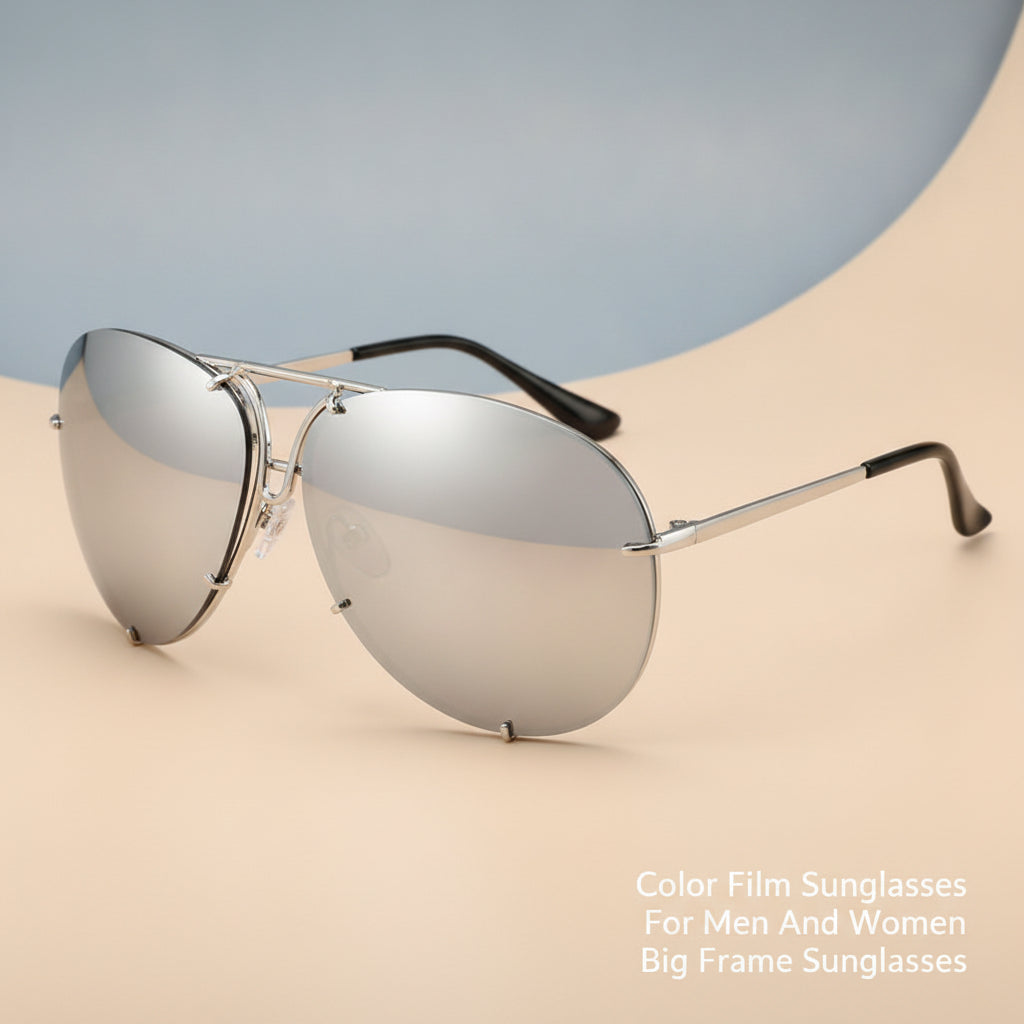 Aviator Oversized Metal Frame UV400 PC Lens Mirrored Sunglasses For Men And Women, in Sliver white
