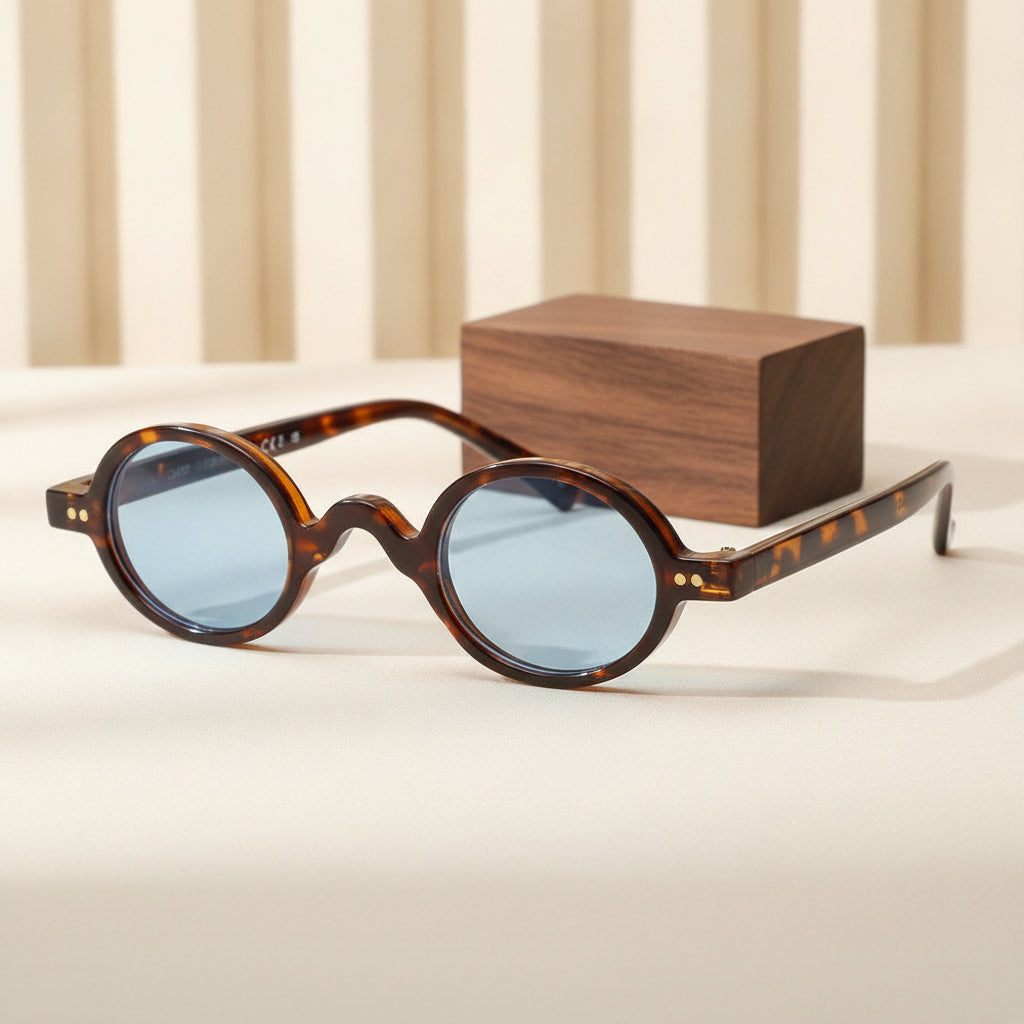 Women's Round Vintage Sunglasses with PC Frame and PC Lenses White Leopard Print, in Tortoise / Blue