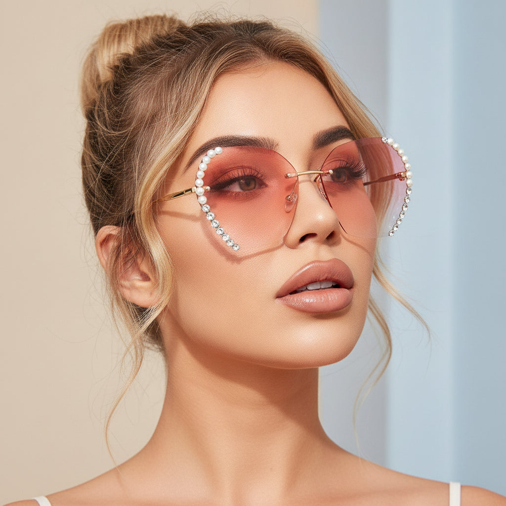 Rectangular Rimless Diamond-Studded Gradient Gold Metal Sunglasses Vintage Oversized Small Face