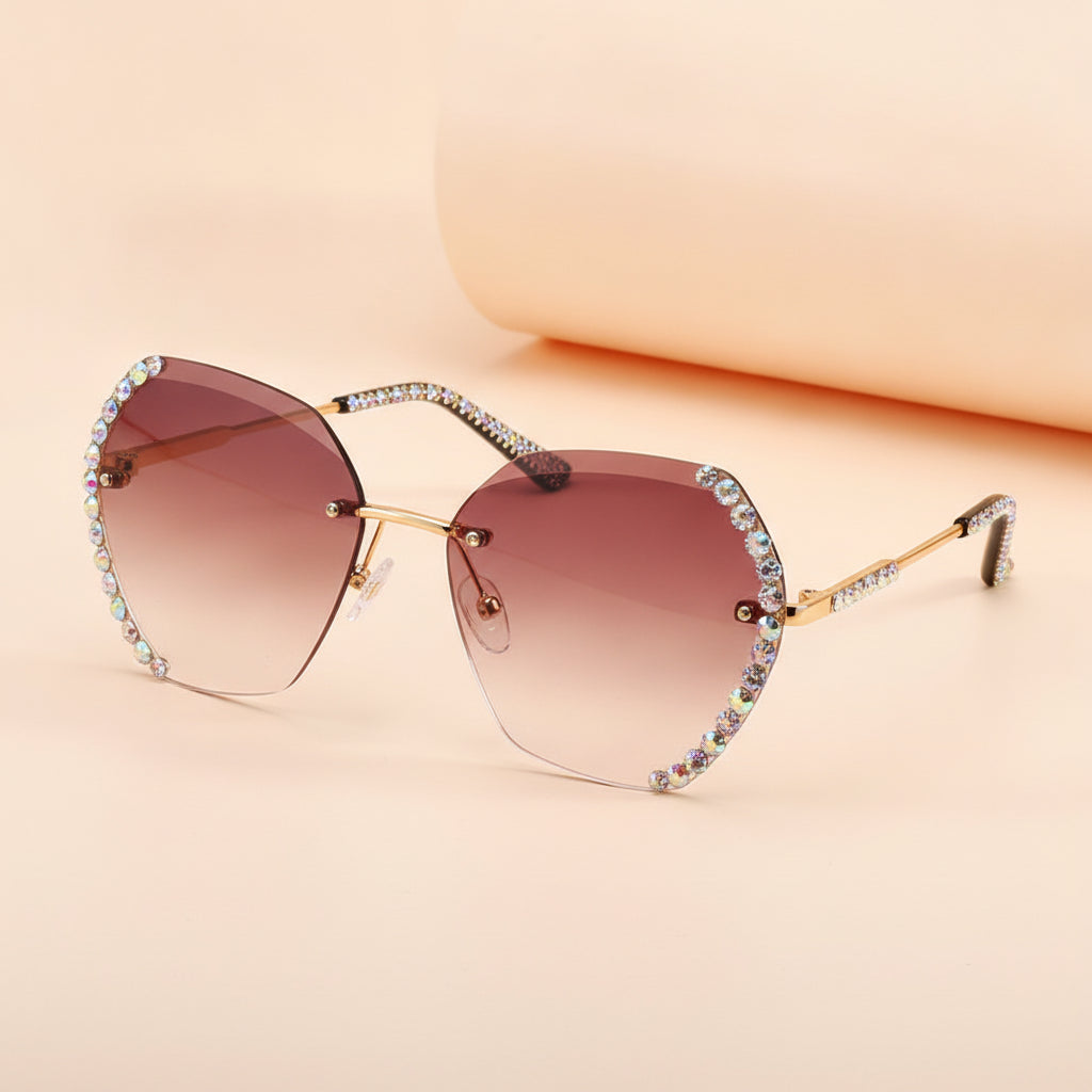 Rectangular Rimless Diamond-Studded Gradient Gold Metal Sunglasses Vintage Oversized Small Face