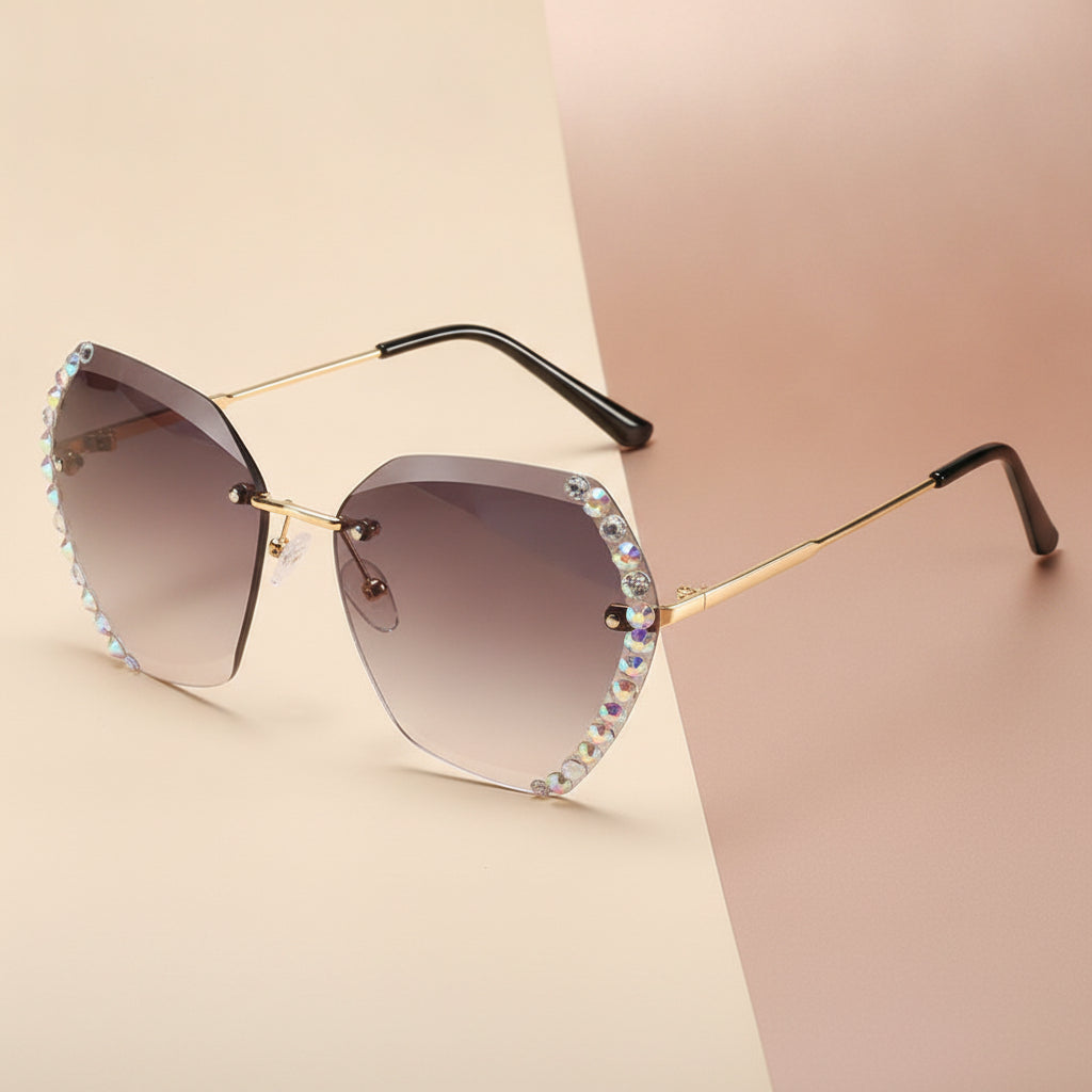 Rectangular Rimless Diamond-Studded Gradient Gold Metal Sunglasses Vintage Oversized Small Face