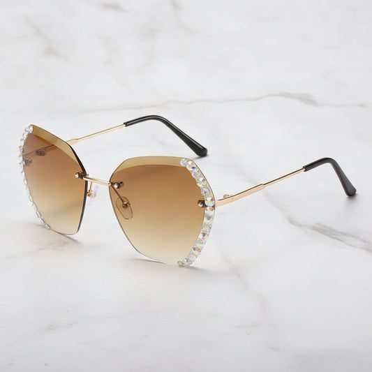 Rectangular Rimless Diamond-Studded Gradient Gold Metal Sunglasses Vintage Oversized Small Face