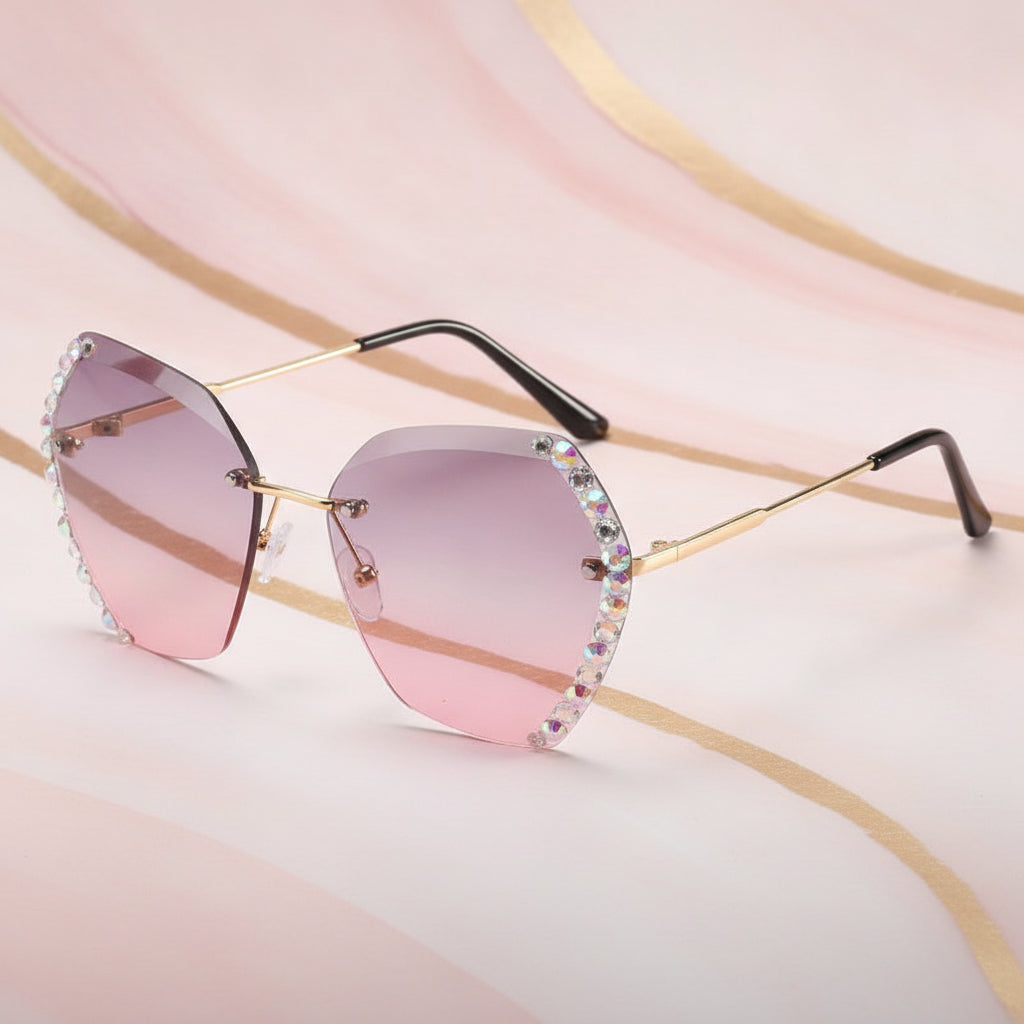 Rectangular Rimless Diamond-Studded Gradient Gold Metal Sunglasses Vintage Oversized Small Face