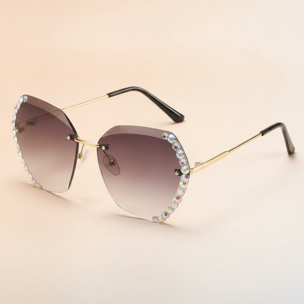 Rectangular Rimless Diamond-Studded Gradient Gold Metal Sunglasses Vintage Oversized Small Face