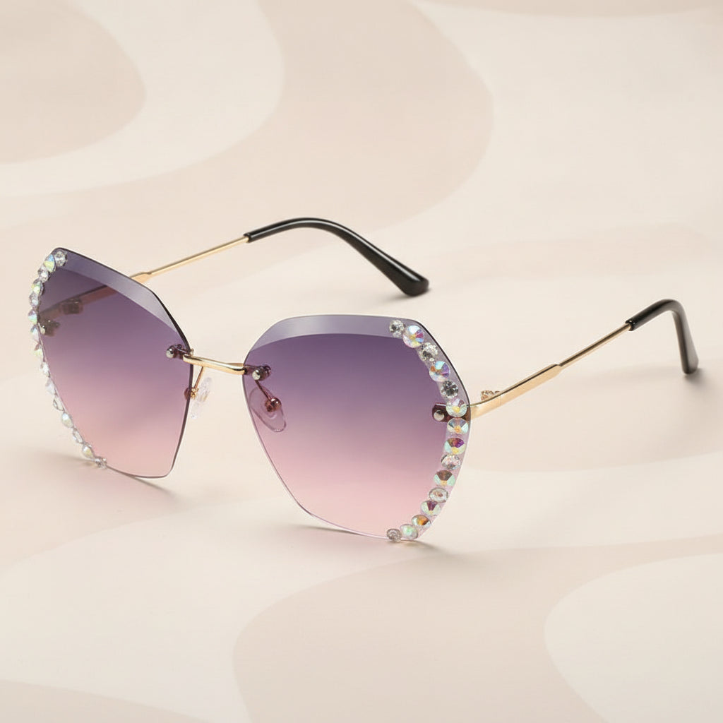 Rectangular Rimless Diamond-Studded Gradient Gold Metal Sunglasses Vintage Oversized Small Face