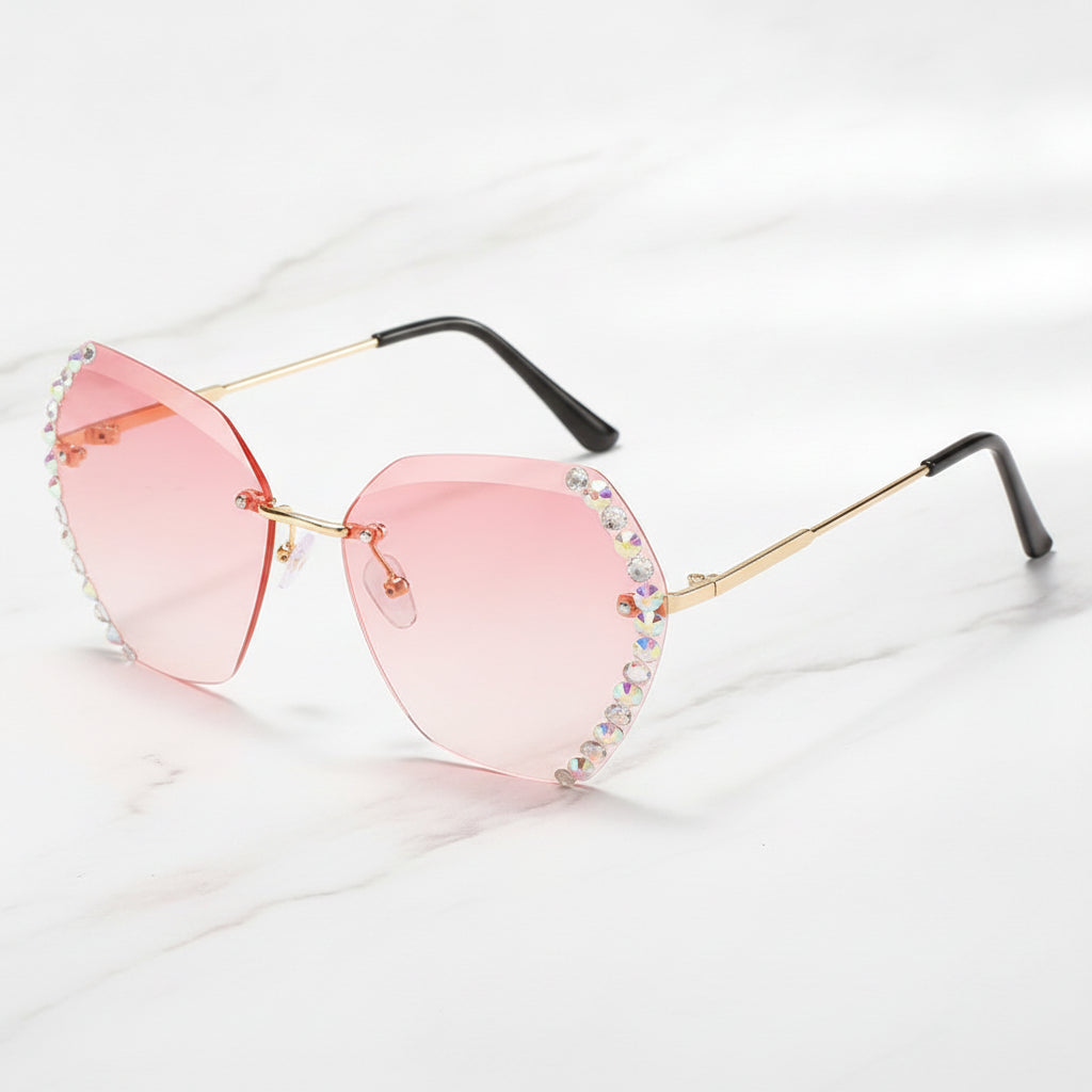 Rectangular Rimless Diamond-Studded Gradient Gold Metal Sunglasses Vintage Oversized Small Face