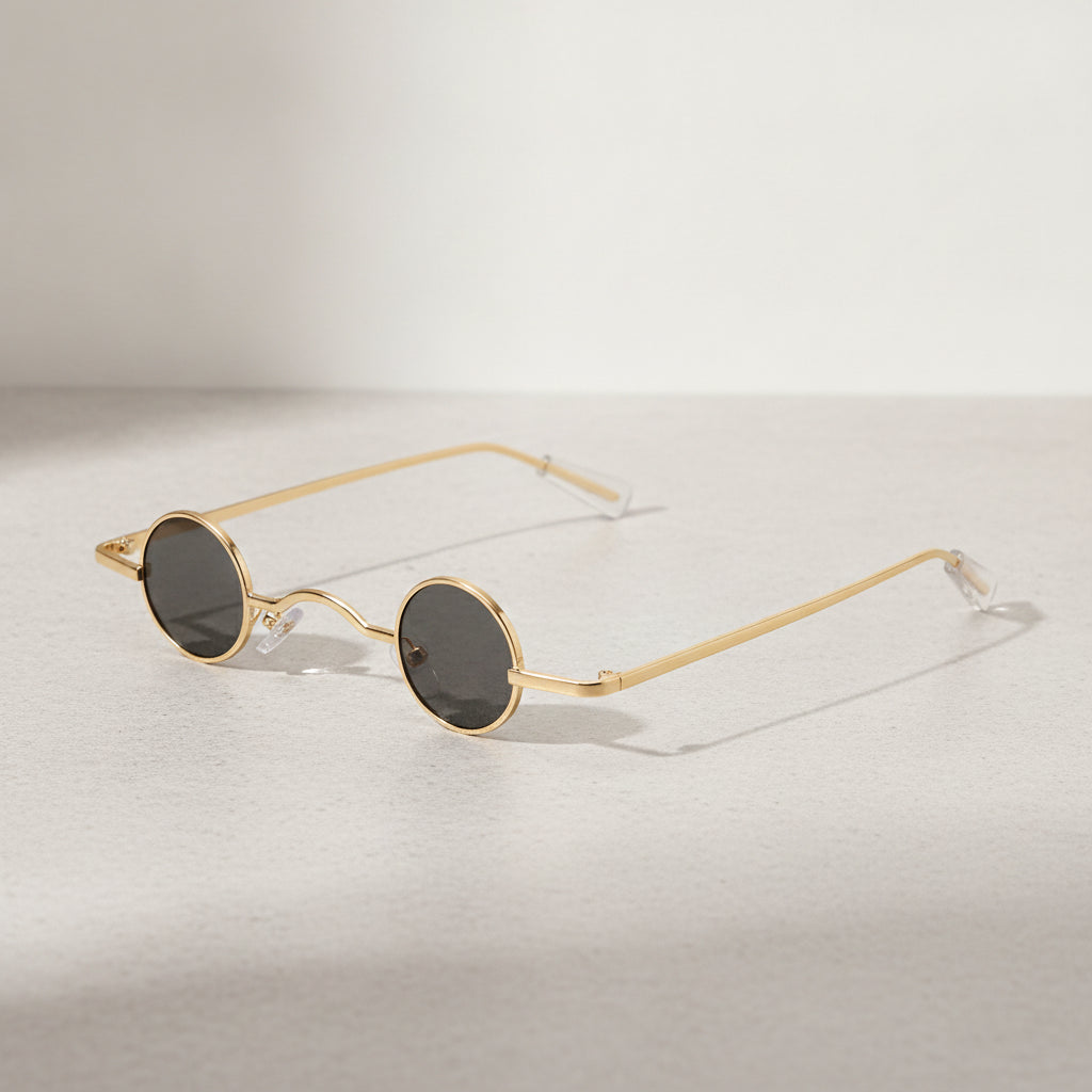 Retro Mini Round Gold Metal Frame Men Sunglasses UV400 Polarized AC Lenses, in Gold / Black