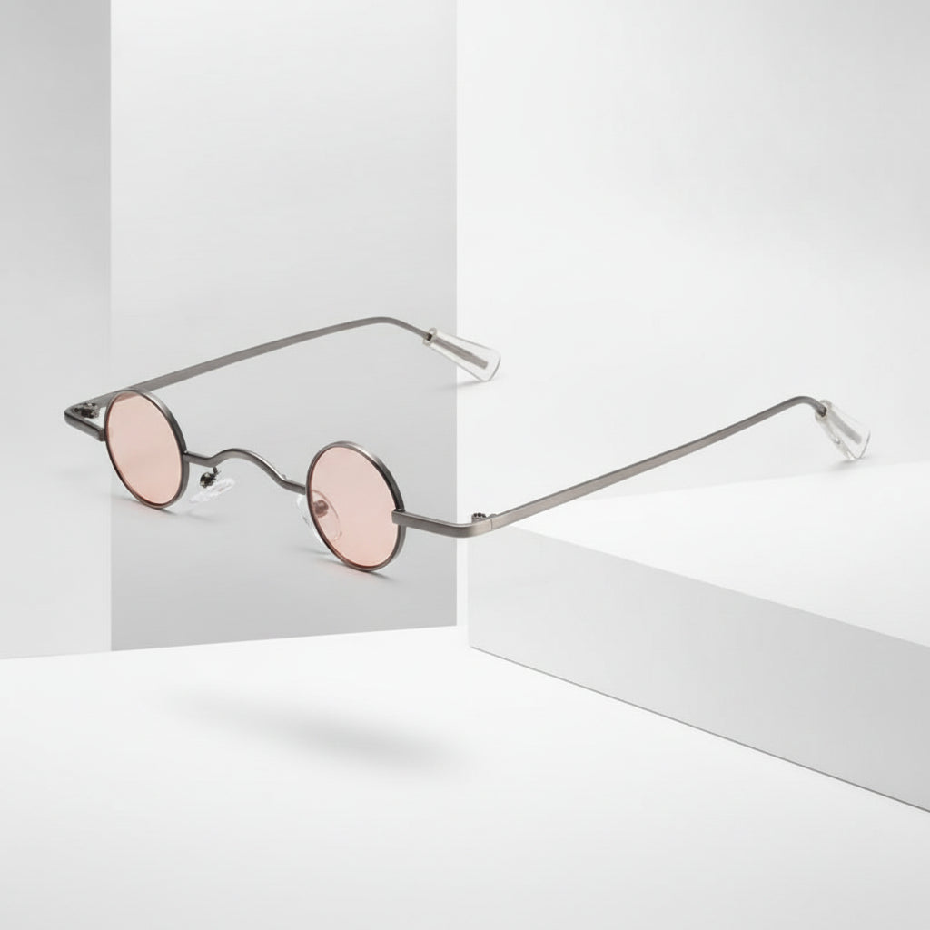 Retro Mini Round Metal Frame Men Sunglasses UV400 Polarized AC Lenses, in Gunmetal / Pink