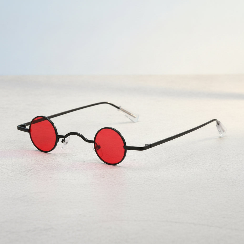 Retro Mini Round Metal Frame Men Sunglasses UV400 Polarized AC Lenses, in Gunmetal / Red