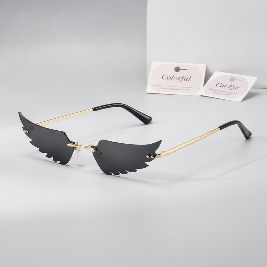 Colorful Rimless Cat Eye Sunglasses for Women PC Frame and PC Lenses, in Black