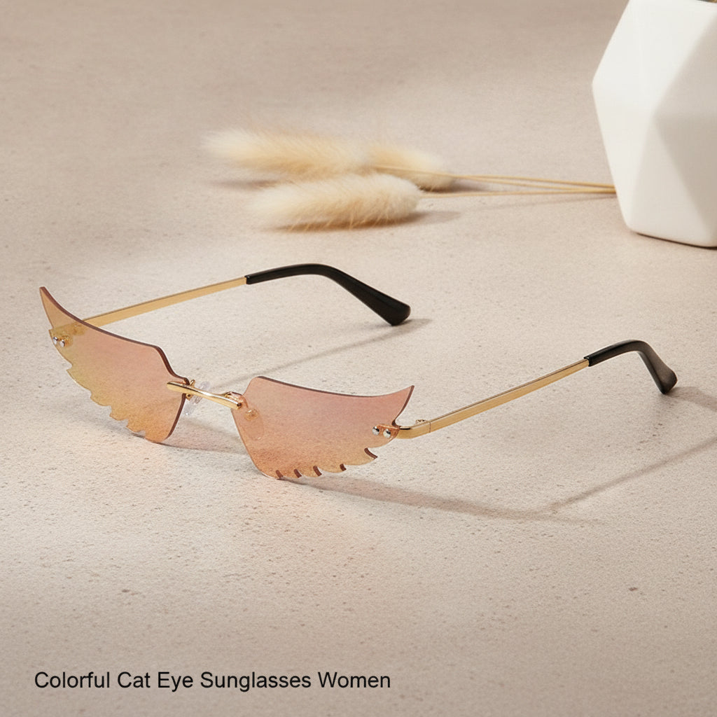 Colorful Rimless Cat Eye Sunglasses for Women PC Frame and PC Lenses, in Pink