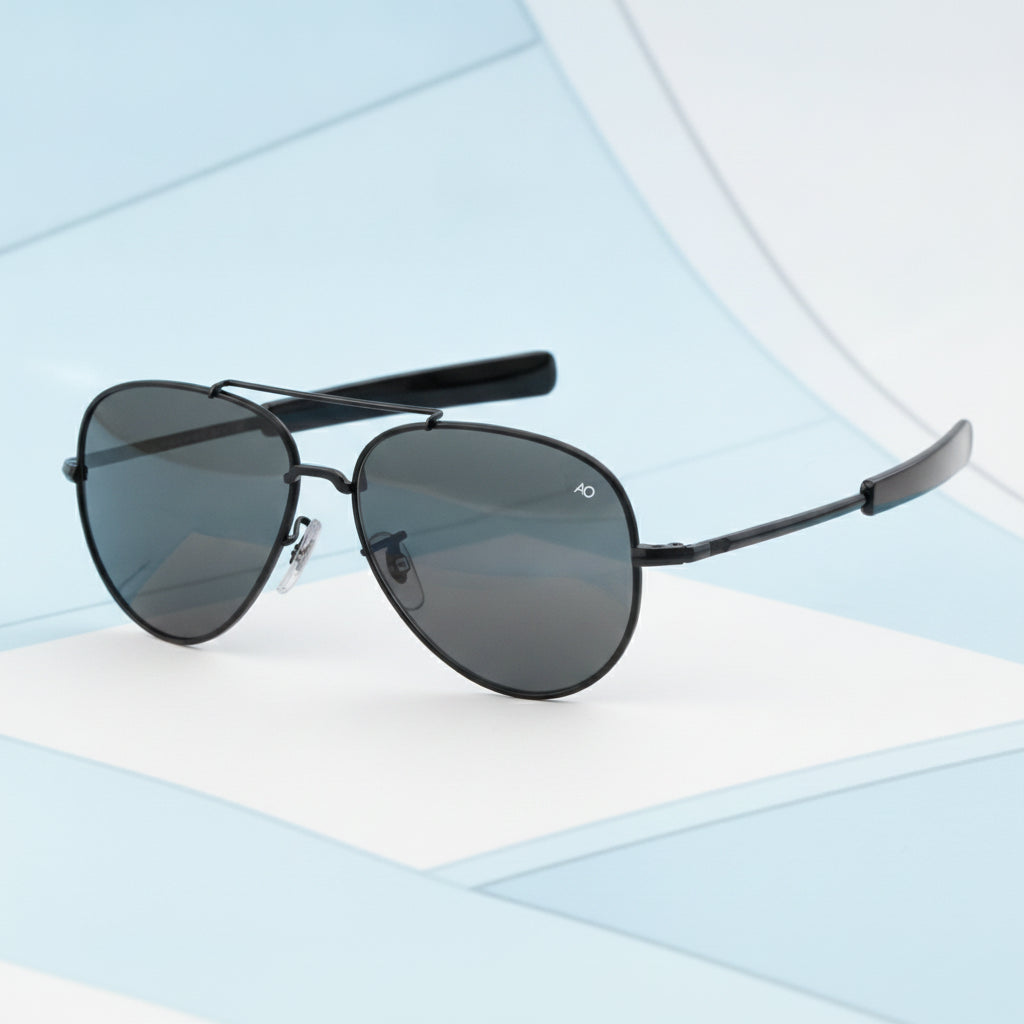 Men's Aviator Finish Metal Frame Sunglasses with UV400 Glass Lenses, in Black Grey-C4