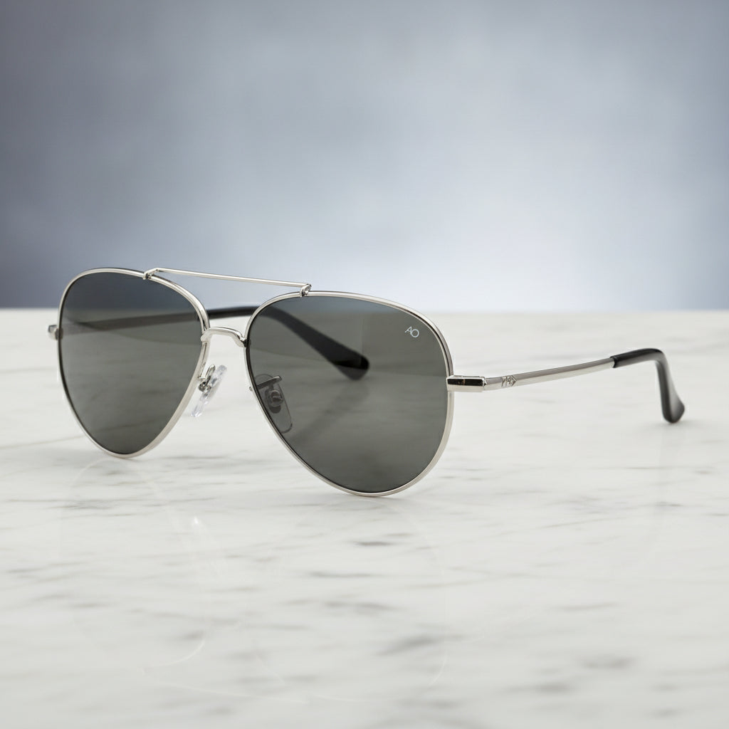 Men's Aviator Finish Metal Frame Sunglasses with UV400 Glass Lenses, in Silver Grey-C6